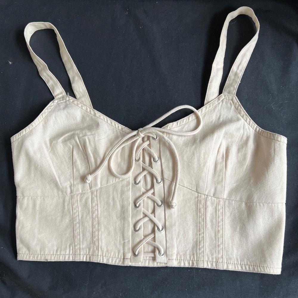 New American Eagle Crop Corset Tank Top Sz Medium Beige Lace up Front Smock Back